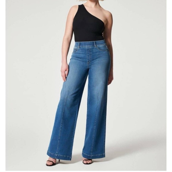 SPANX Denim - SPANX Seamed-Front Wide Leg Jeans - Blue Pull-On Shaping Denim - Size M